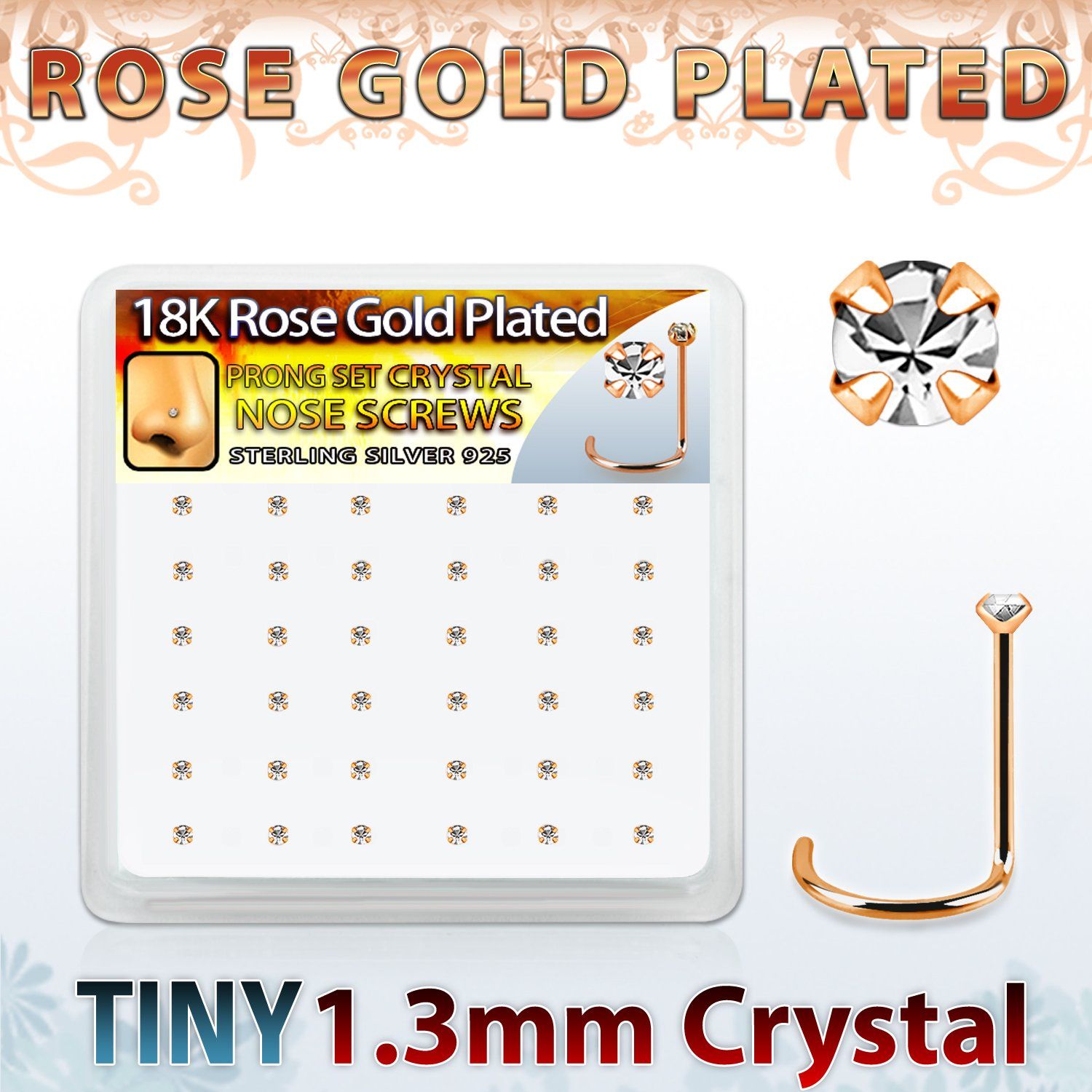 rswp6xc caja display 36 piercing nariz l plata 925 oro rosa 0 6mm cristal 1 25mm distribuidor