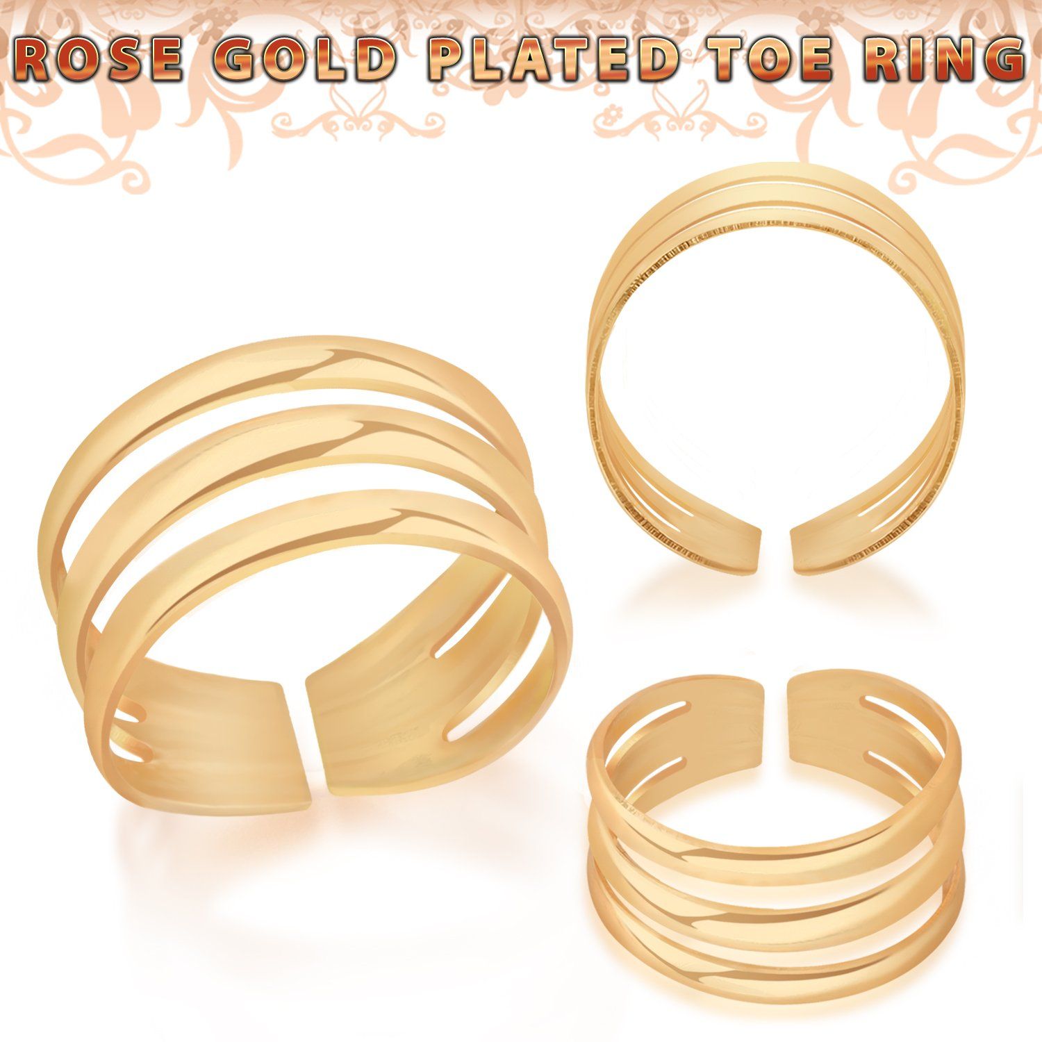 rt564 rosegold plated silver adjustable toe ring three bands