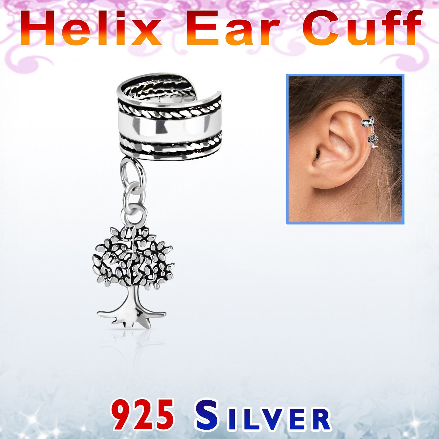 silver helix ear cuff w rope edge tree of life dangling 