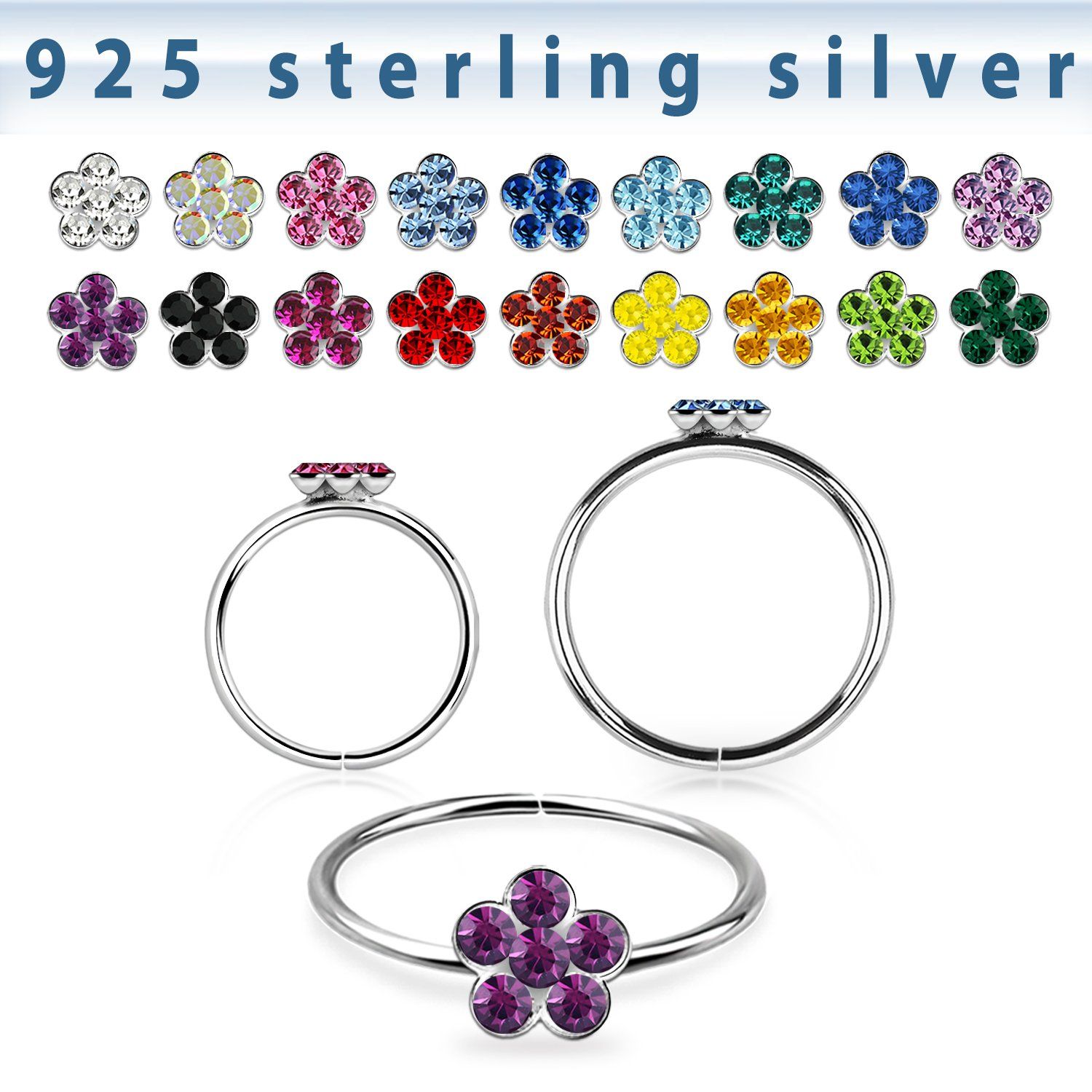 silver seamless nose hoop w crystals flower in the middle 