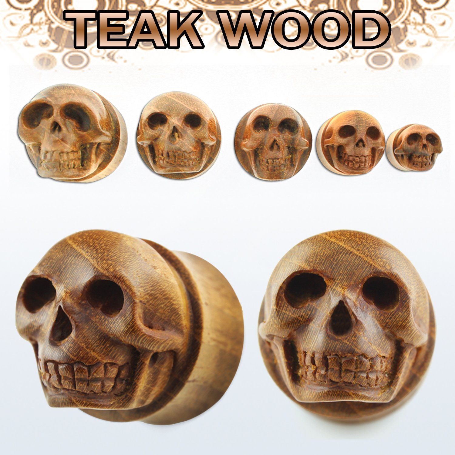 skte dilatacion plug doble flare madera teca calavera tallada mano al por mayor