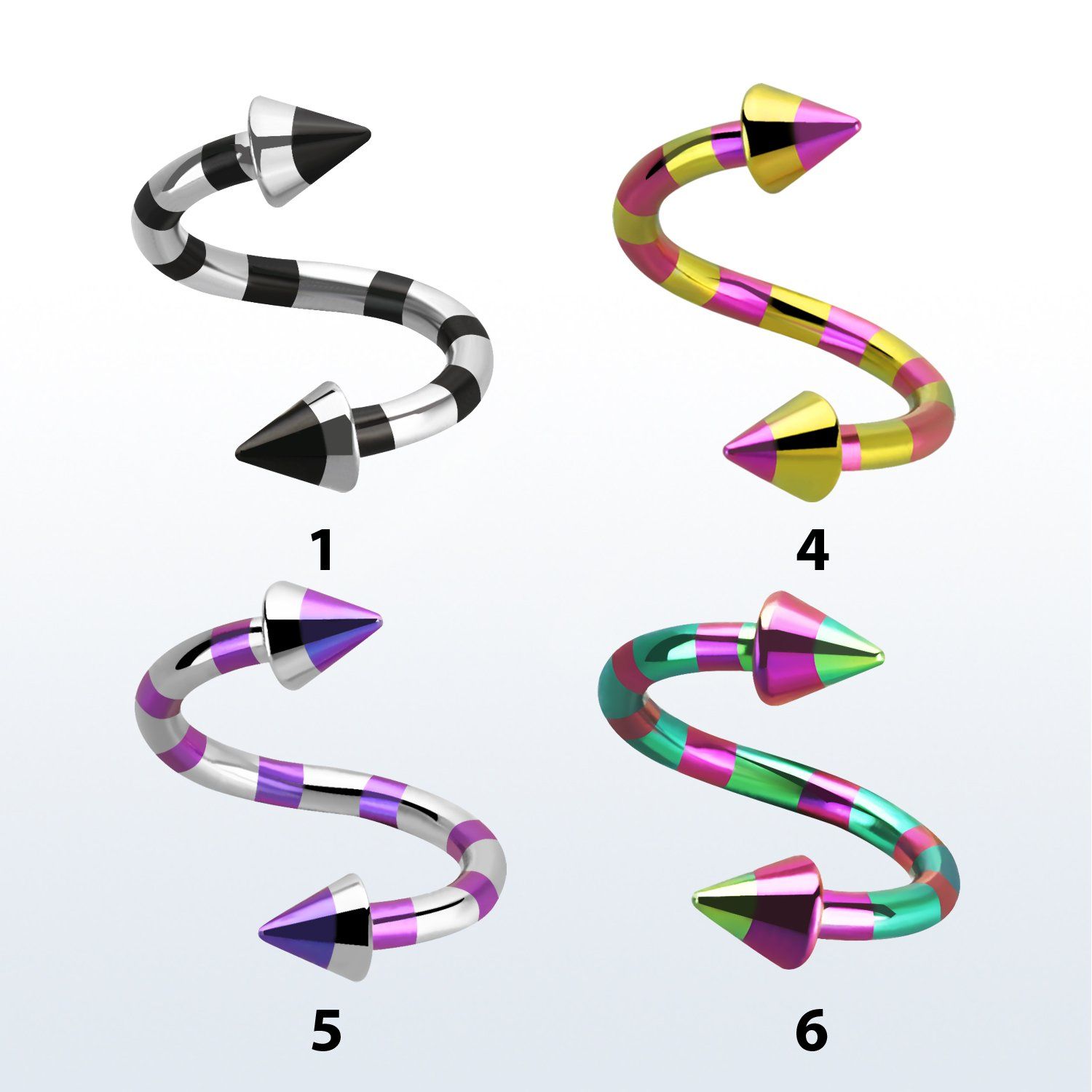 spemtn espiral ceja acero quirurgico pvd rayas cebra conos 3mm al por mayor