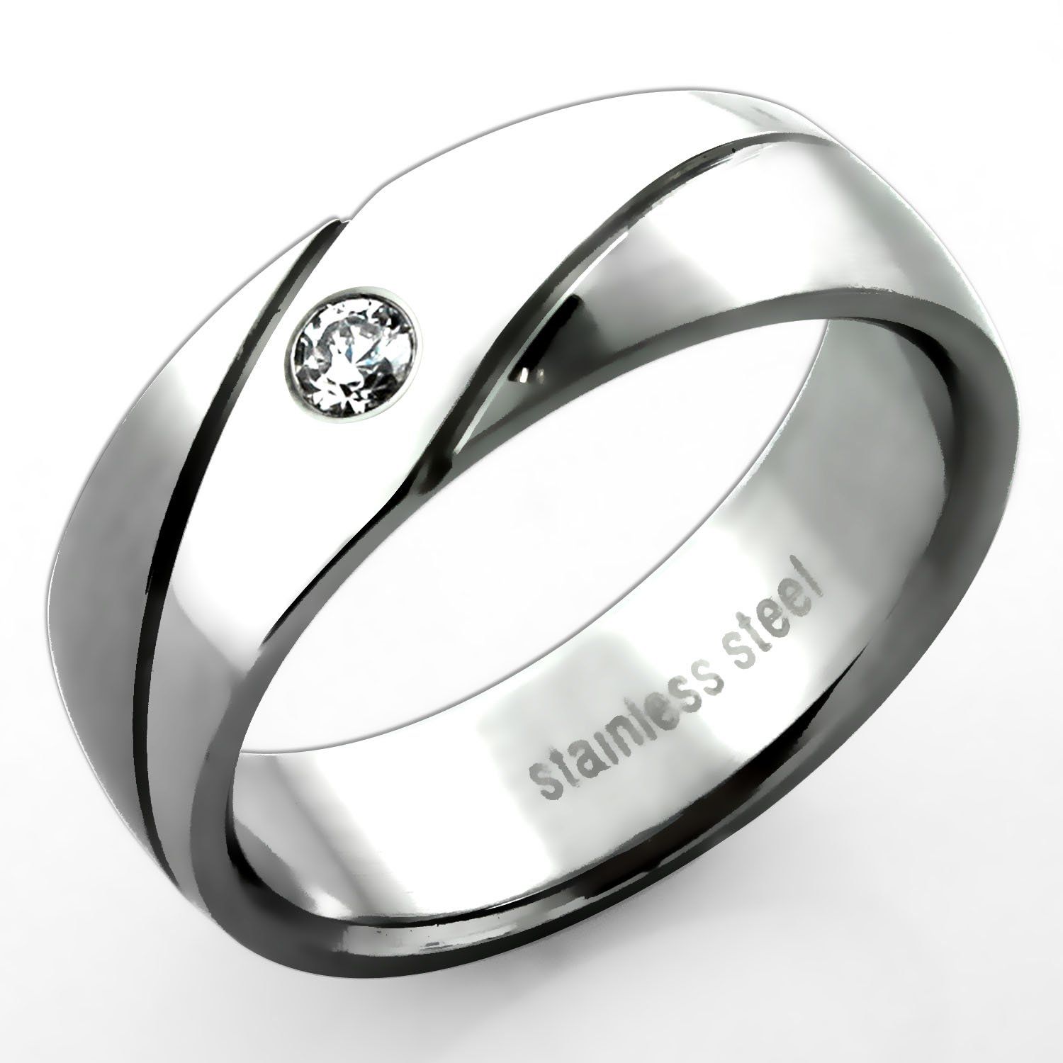 src22 alianza boda acero inoxidable brillo espejo surcos diagonales centro cristal claro anchura mujer 4mm anchura hombre 7mm distribuidor