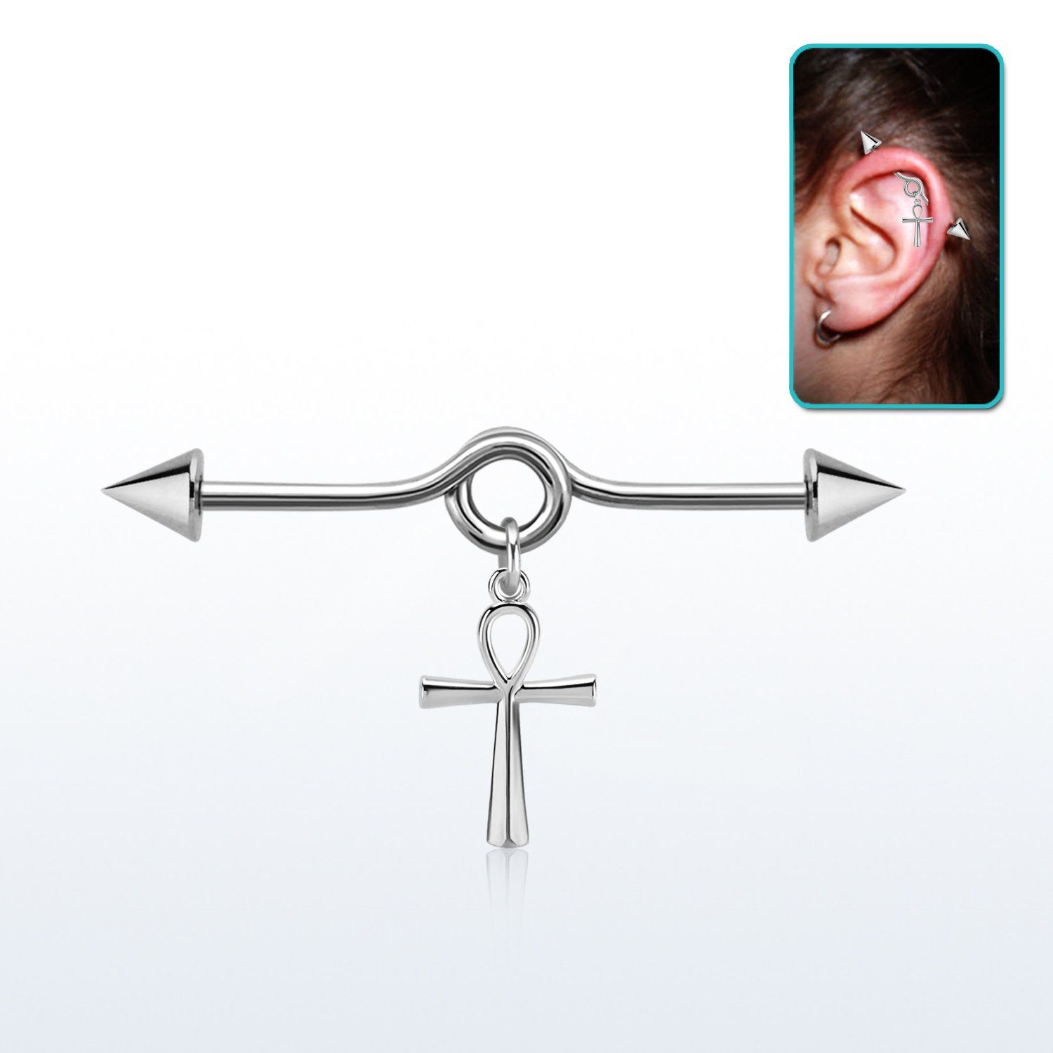 steel industrial loop barbell w cones & ankh cross 