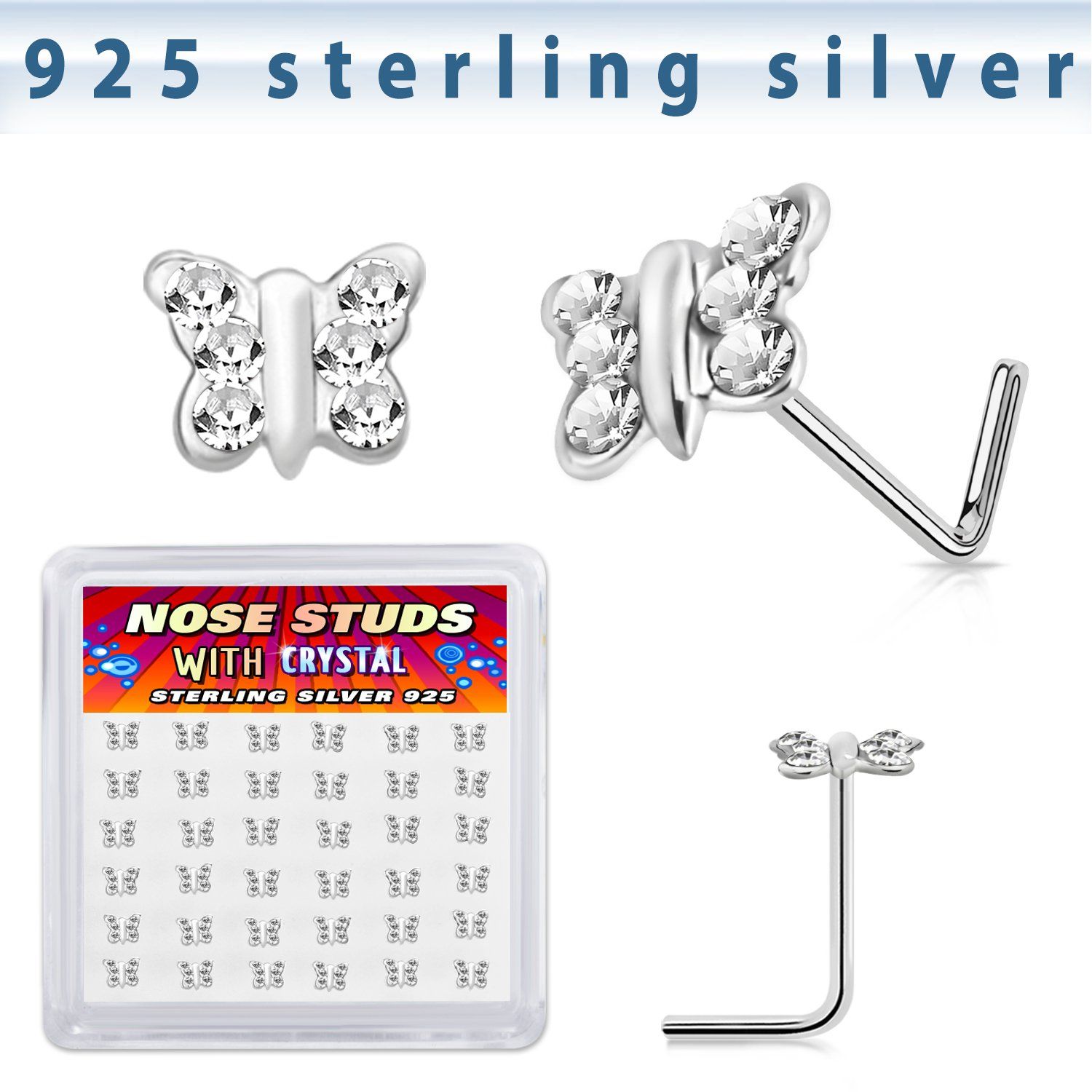 sxbutc36 silver nose studs 22g butterfly clear 36