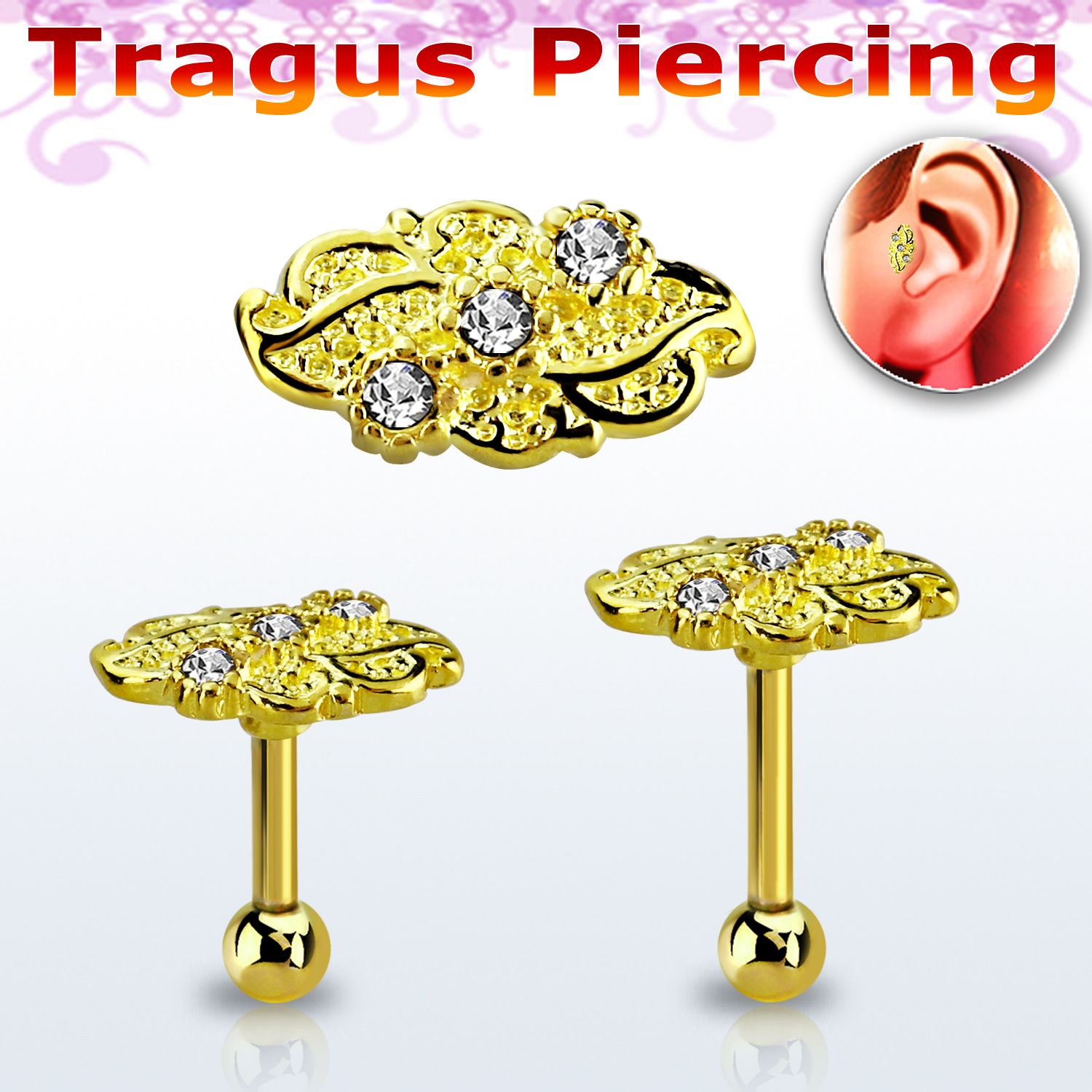 trgt40 piercing tragus acero 316l anodizado dorado hoja tres cristal la esta oro al por mayor