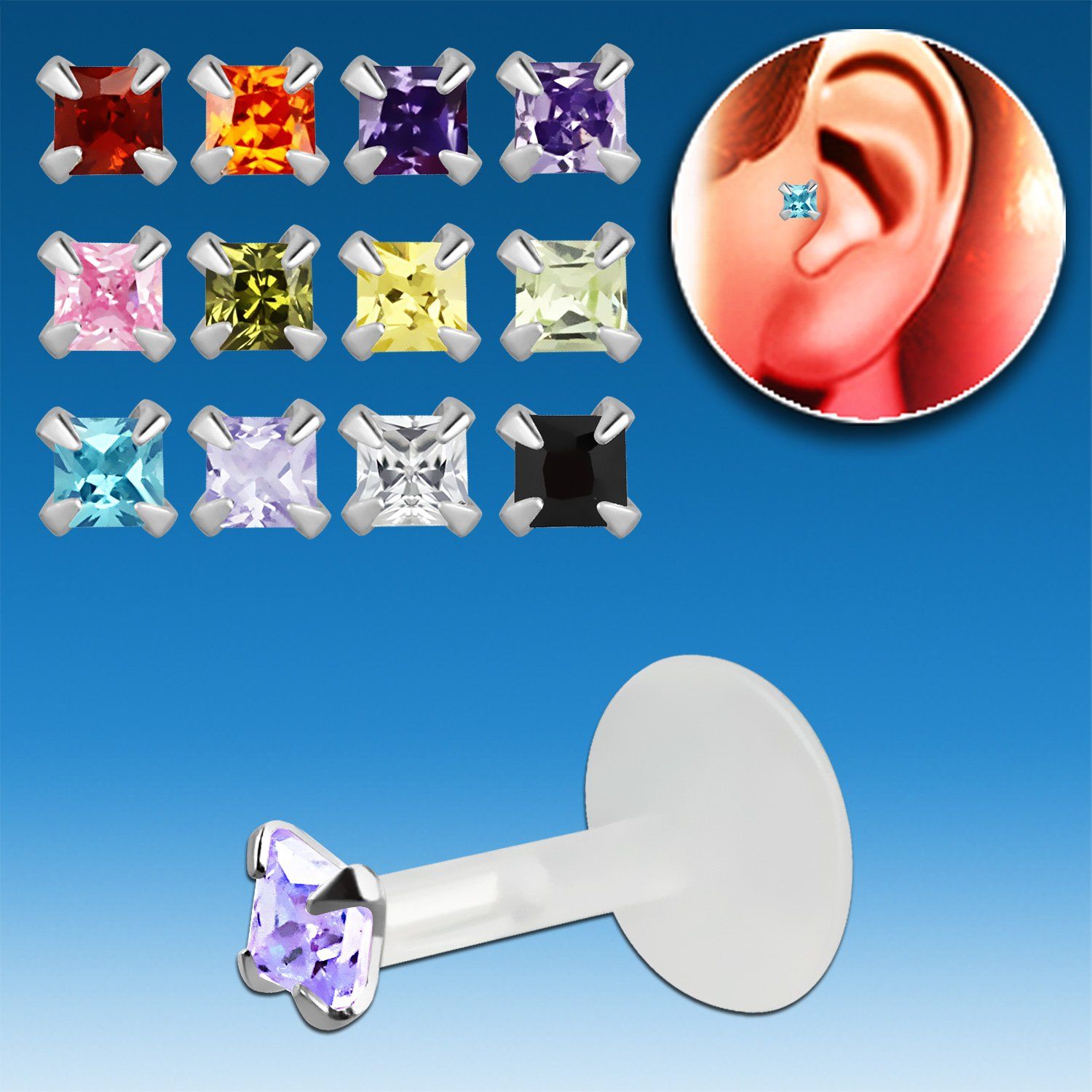 trgz5 piercing tragus bio flexible zirconita cuadrada 3mm parte plata esterlina venta