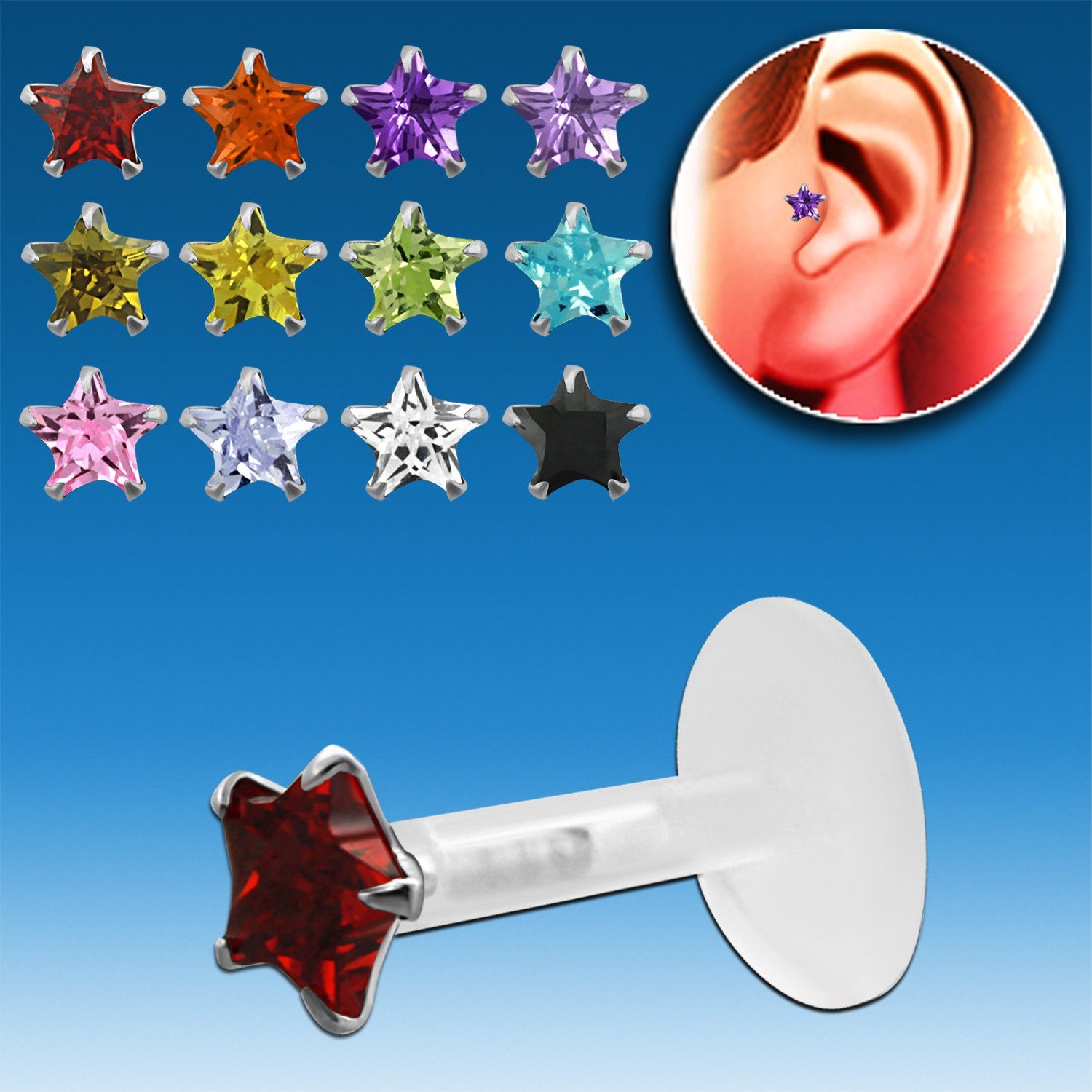 trgz7 piercing tragus bio flex zirconita estrella 3mm parte plata esterlina distribuidor mayorista