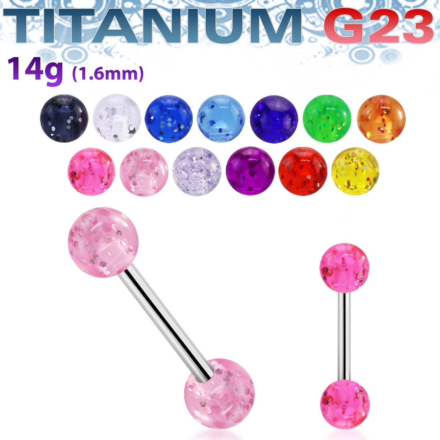 ubbgt barbell lengua titanio g23 bolas acrilicas glitter 6mm 16mm venta
