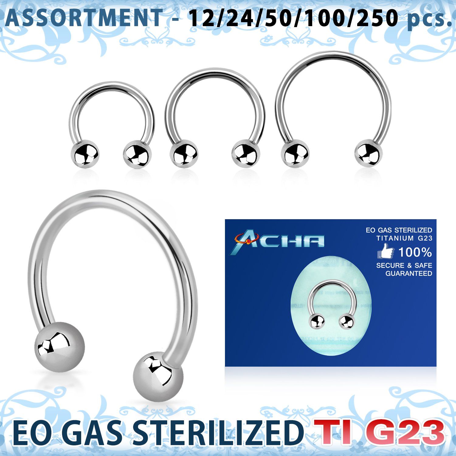 ublk474 surtido piercings piercings esterilizados variados 250 50 barbells circulares titanio g23 bolas 3mm 6mm 14mm distribuidor