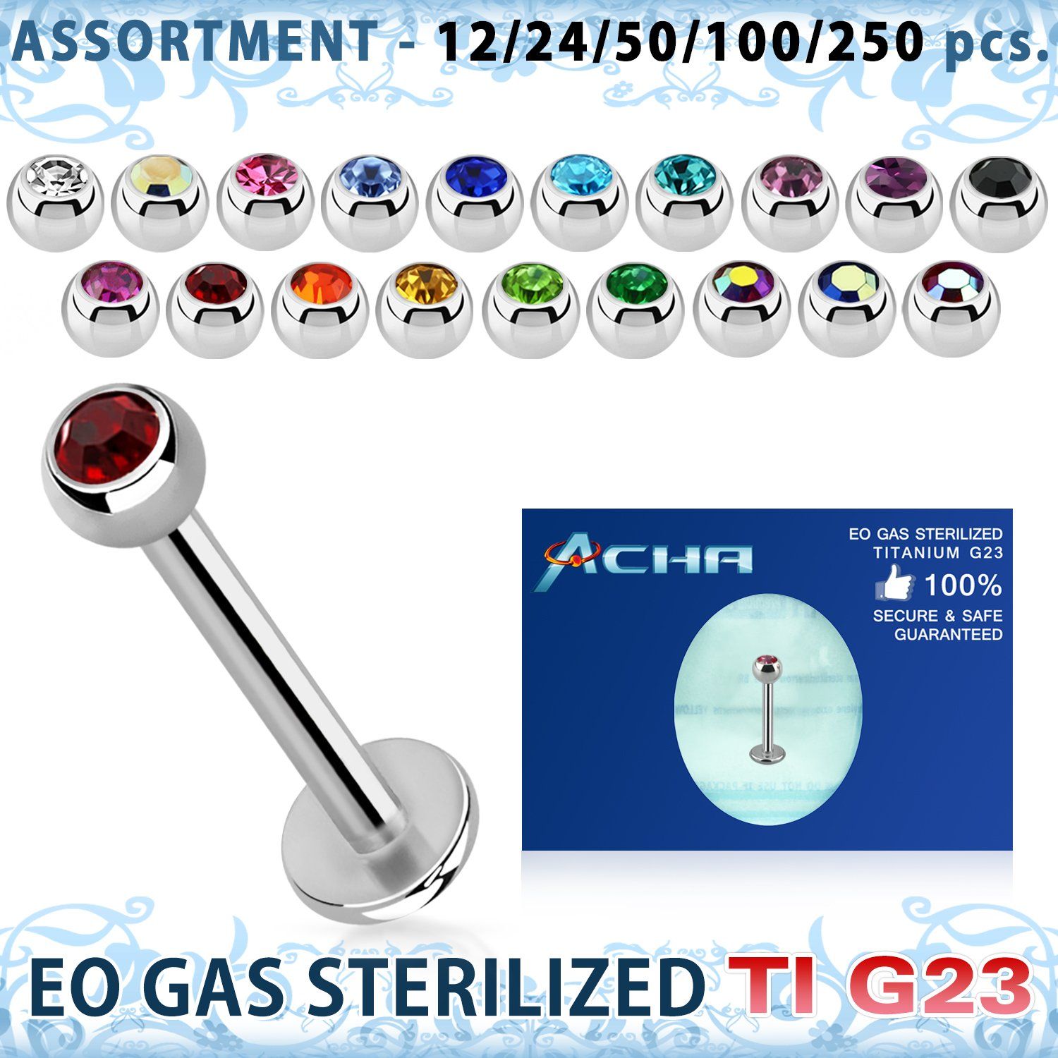 ublk485 eo gas sterilized piercing titanium g23 labret color crystal