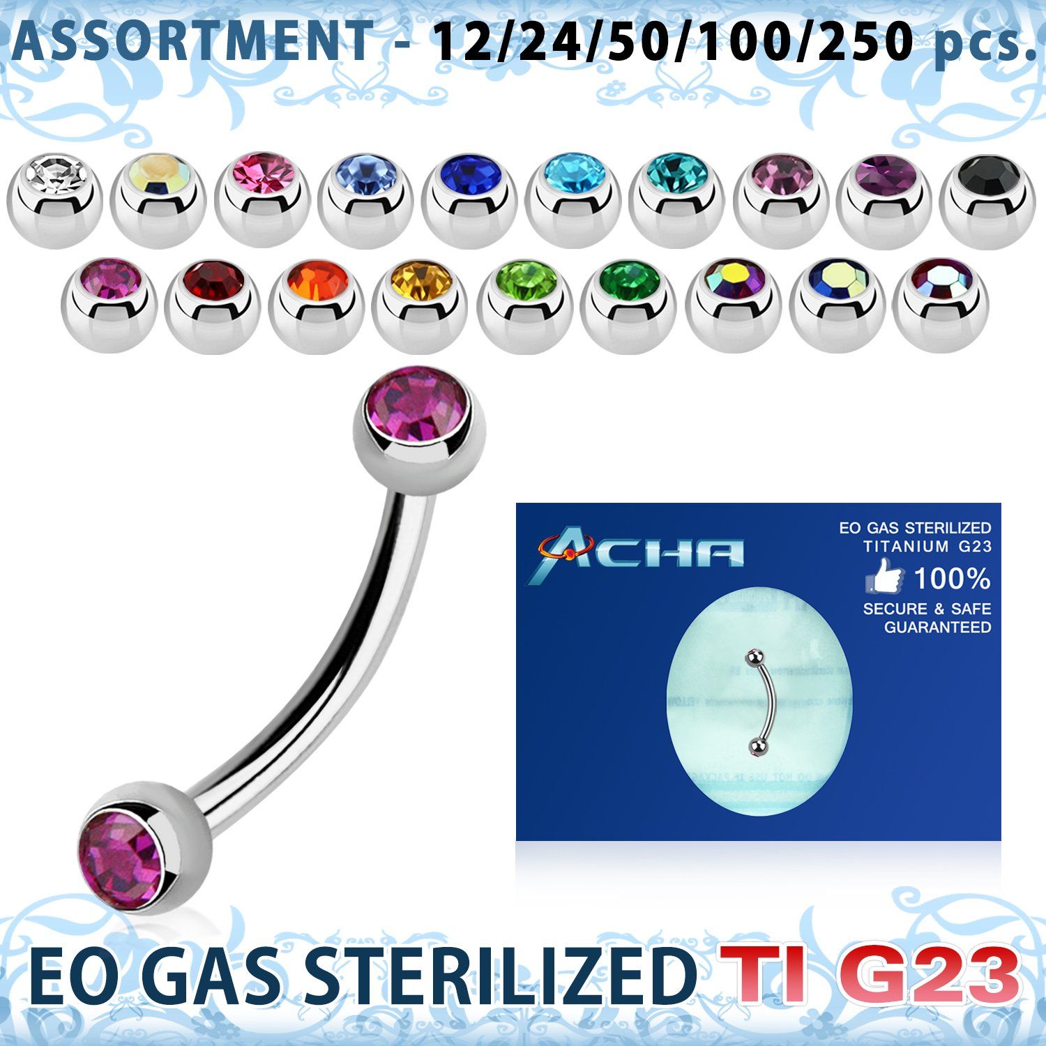 ublk486 eo gas sterilized piercing: titanium g23 eyebrow banana 3mm