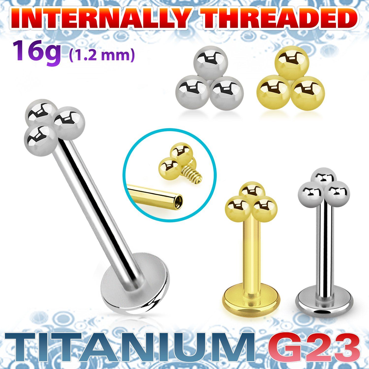 ulbin14 titanium g23 internally threaded labret triple balls