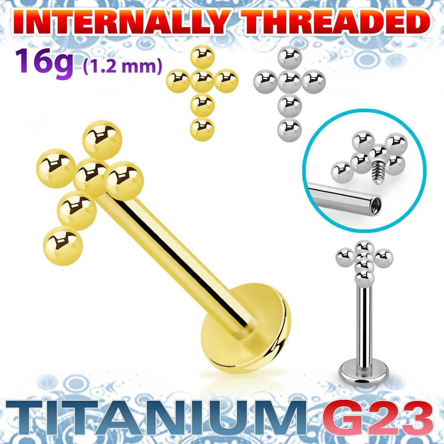 ulbin50 titanium g23 labret 16g cross bead balls internal