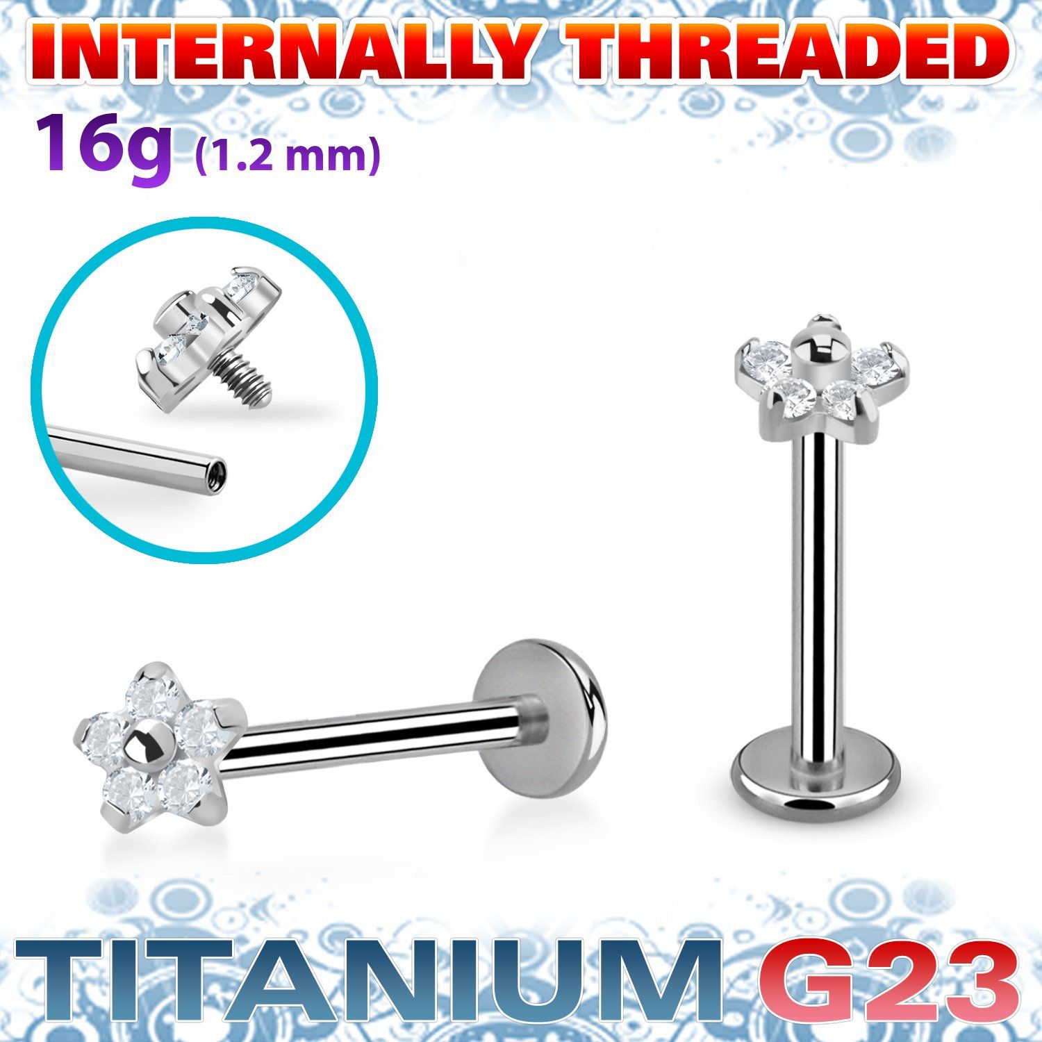 ulbin54 titanium g23 labret 16g flower top five cz internal