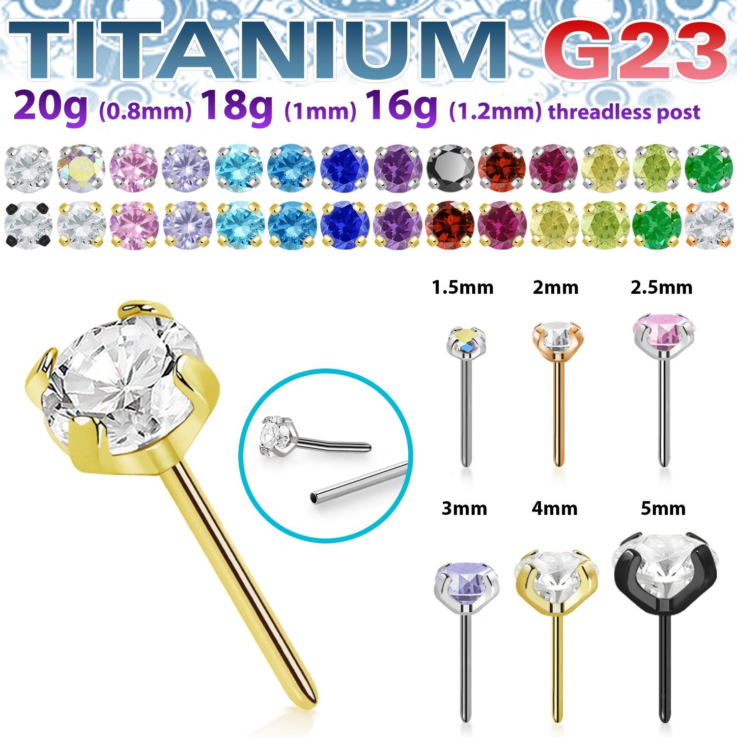 upinpz titanium g23 threadless push pin top prong set cz