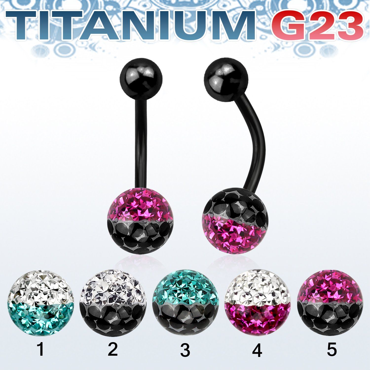 utbnfr8e piercing ombligo titanio g23 anodizado bola titanio 5mm bola 8mm multi cristal ferido colores al por mayor