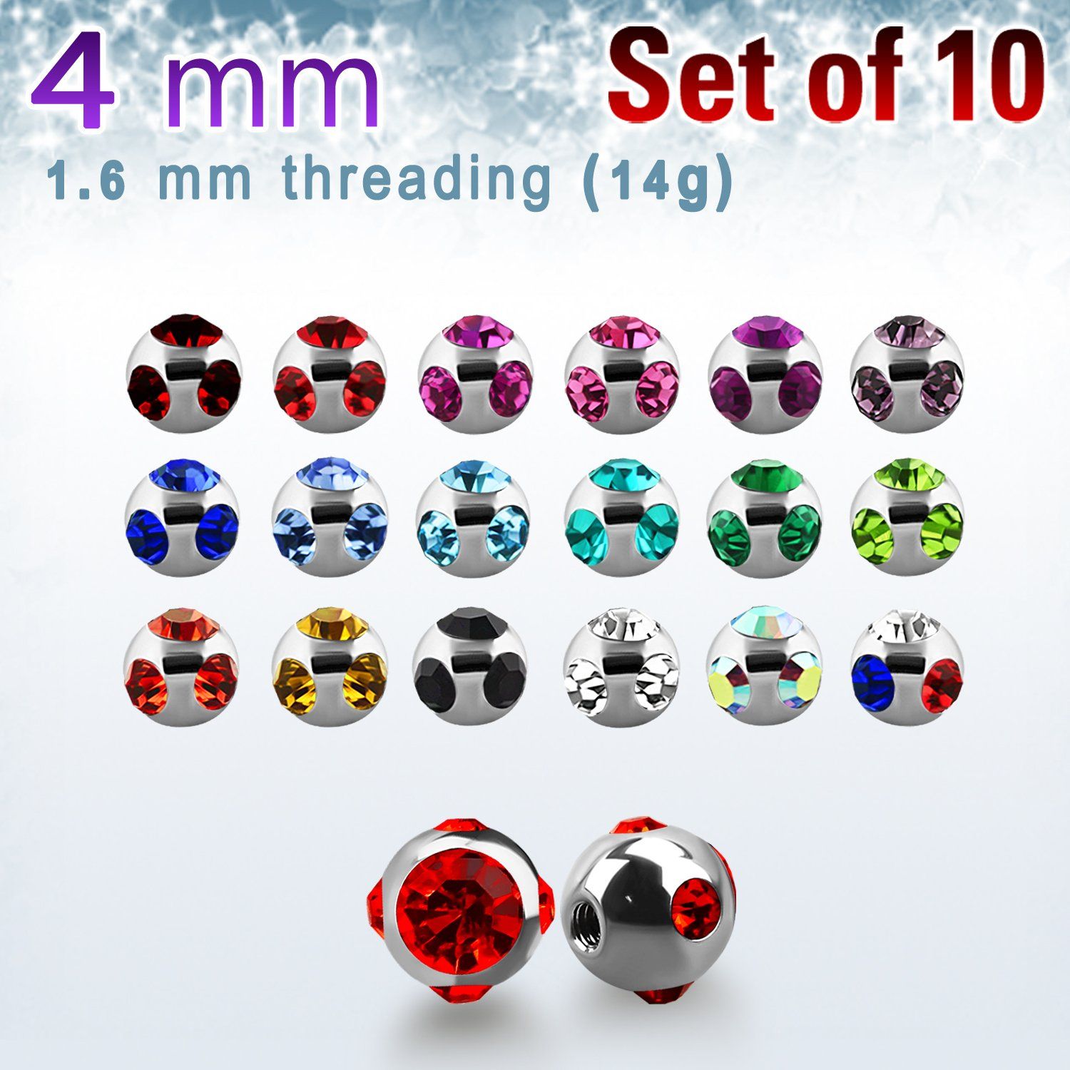 xmjb4 pack 10 bolas multi joya acero 316l brillo espejo 4mm 1 cristal 4 cristal lados rosca al por mayor