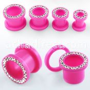 afemp pink acrylic screwfit flesh tunnel with clear crystal