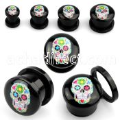 afpeee black acrylic screw fit plug with sugar skull on black