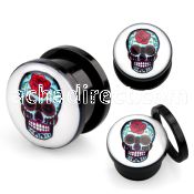 afpfff black acrylic screw fit plug with a sugar skull w rose