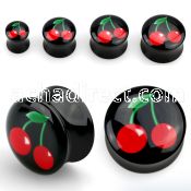 apgche black acrylic double flared plug with a red cherry