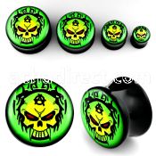 apgww acrylic double flared plug with evil looking skull logo
