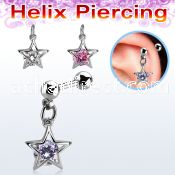 bber78 steel helix barbell w dangling star w encased round cz 