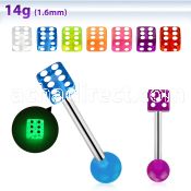 bbgldi 316l steel tongue barbell with acrylic luminous dice