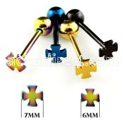 bbtcr anodized 316l steel tongue barbell w cross top ball