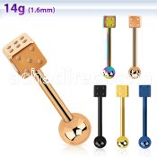 bbtdi anodized 316l steel tongue barbell w dice steel ball