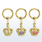 bcrtgz6 gold plated 316l steel bcr, 14g w dangling crown w cz