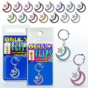 blcp723 fake belly clip w a dangling moon w the star w crystals 