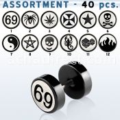 blk434 black anodized 316l steel fake plug in assorted designs