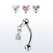 bnerv6 316l steel eyebrow banana w 3mm ball heart prong cz