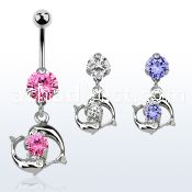 bnrz15 casted steel cz belly banana w dolphins swimming cz