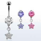 bnrz324 casted steel cz belly banana w dangling small cz flower