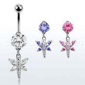 bnrz349 casted steel cz belly banana w dragonfly w cz wings