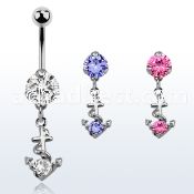 bnrz371 casted steel cz belly banana w anchor design w round cz