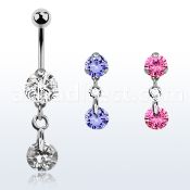 bnrz372 casted steel cz belly banana w dangling round cz stone