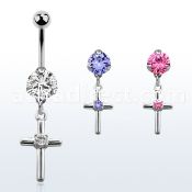 bnrz394 casted steel cz belly banana w cross w round cz