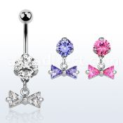 bnrz408 casted steel cz belly banana w dangling prong set cz bow