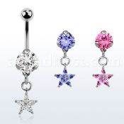 bnrz413 casted steel cz belly banana w flower shape prong set cz