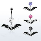 bnrz569 casted steel cz belly banana w dangling black bat