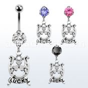 bnrz572 casted steel cz belly banana w horseshoe w lucky banner