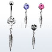 bnrz583 casted steel cz belly banana w dangling small feather