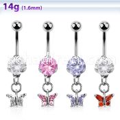 bnrz589 casted steel cz belly banana w small butterfly w cz