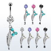 bnrz601b casted steel cz belly banana w feather faux turquoise