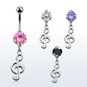 bnrz709 casted steel cz belly banana w dangling musical note