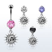 bnrz726 casted steel cz belly banana w dangling plain sun 